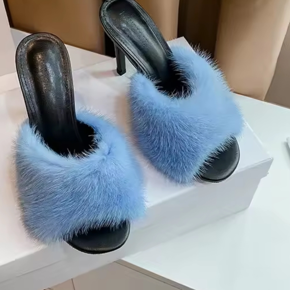 Elegant Blue Fur Women's Heels